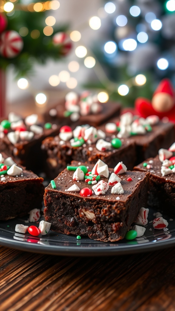 A plate of chocolate brownies topped with peppermint and sprinkles, set in a festive holiday setting.